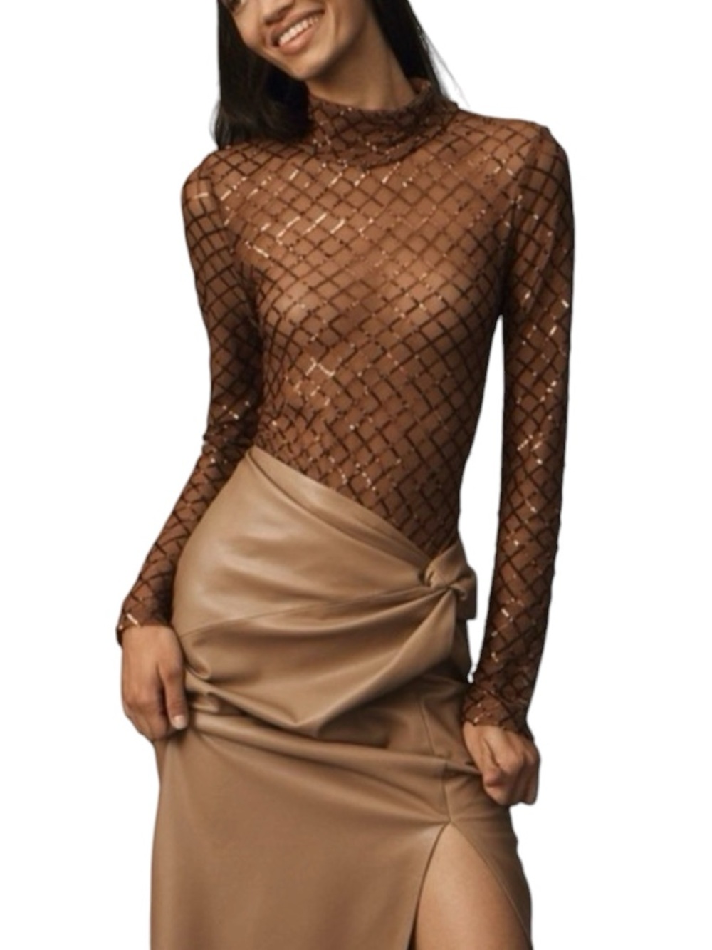 Anthropologie Pilcro Sequin Sheer Mesh Turtleneck Size S Bronze Dark Fairy
